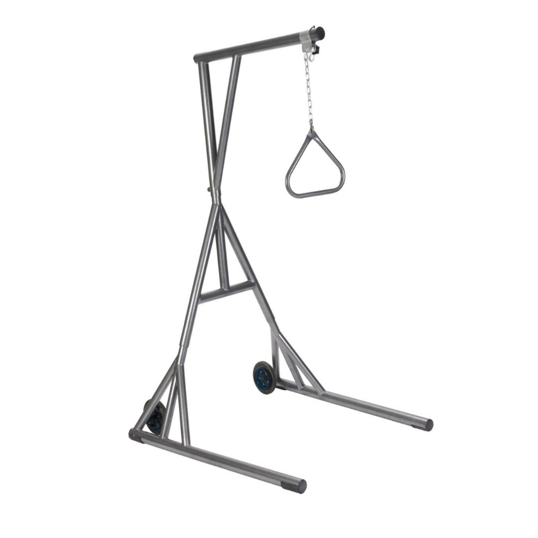 The ProBasics Bariatric Trapeze Patient Bedroom Lift Assist features a heavy-duty, freestanding wheeled frame and a triangular handle with chain suspension to help bariatric patients move safely in bed.